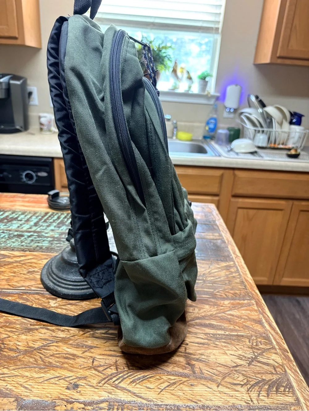 90’s Jansport Olive Green Canvas Backpack w/Brown Suede Base Large